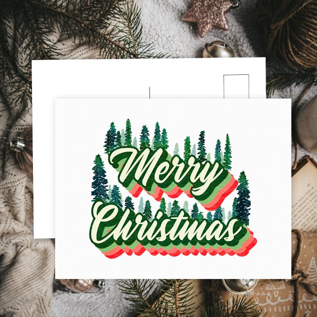 Groovy Pine Trees Landscape Retro Photo Christmas Holiday Postcard (Front and Back)