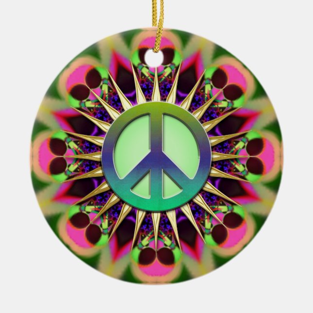 Groovy Pink Alien Peace Sign Ornament (Front)