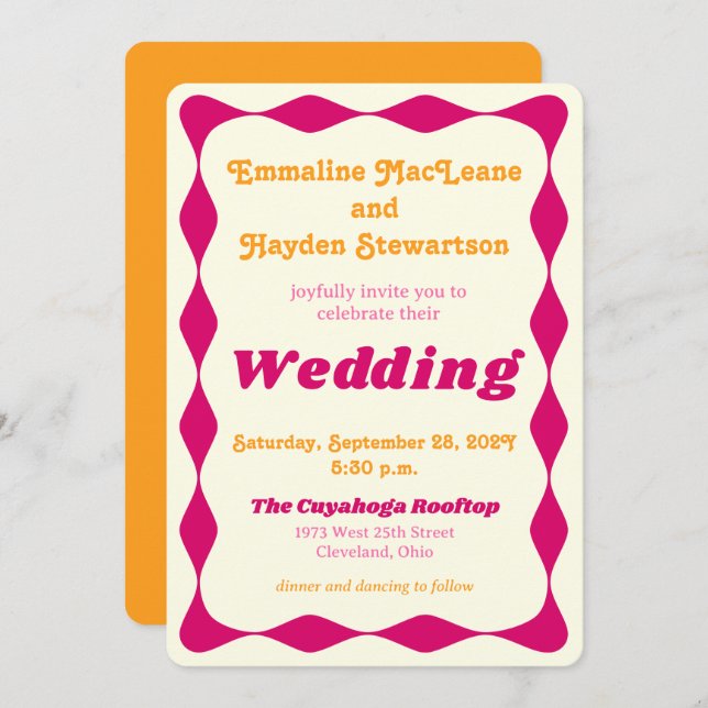 Groovy Pink and Gold Wavy Border Wedding Invitation (Front/Back)