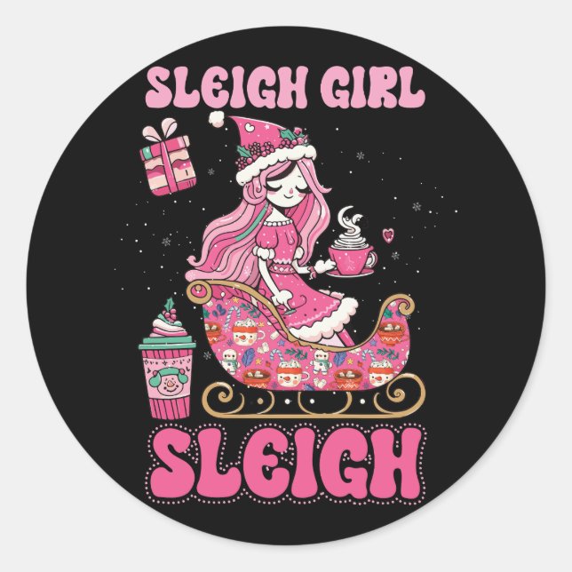 Groovy Pink Christmas Coffee Sleigh Girl Sleigh Xm Classic Round Sticker (Front)