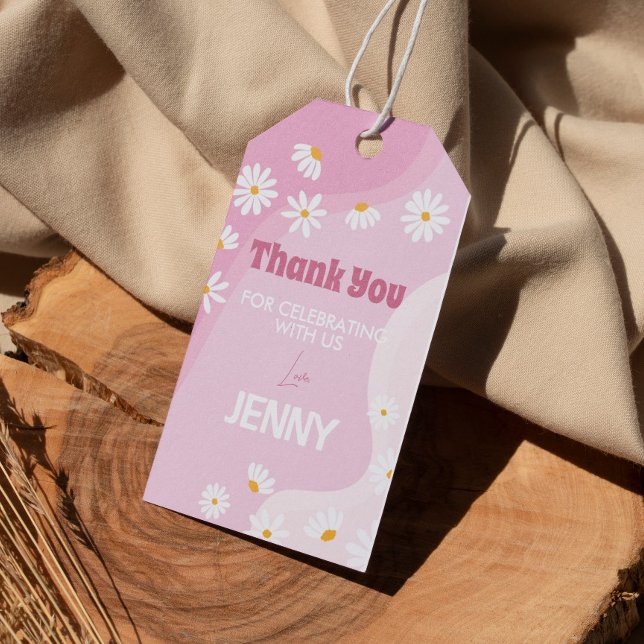 Groovy Pink Daisy Birthday Party Thank You Tag (Creator Uploaded)