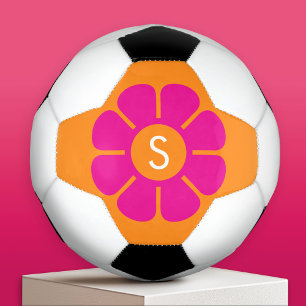 Groovy Pink Daisy with Custom Orange Monogram Soccer Ball