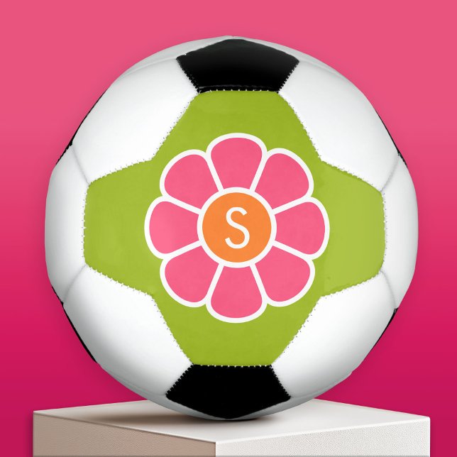 Groovy Pink Daisy with Custom Orange Monogram Soccer Ball (Custom Soccer Ball)