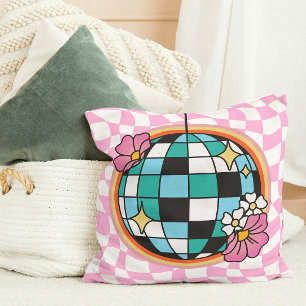 Groovy Pink Disco Ball 60s Hippie Retro Chequered Cushion