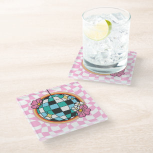 Groovy Pink Disco Ball 60s Hippie Retro Chequered Glass Coaster