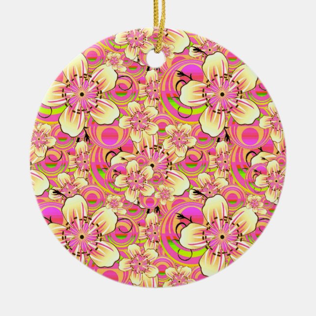 groovy pink flower pattern ceramic tree decoration (Front)