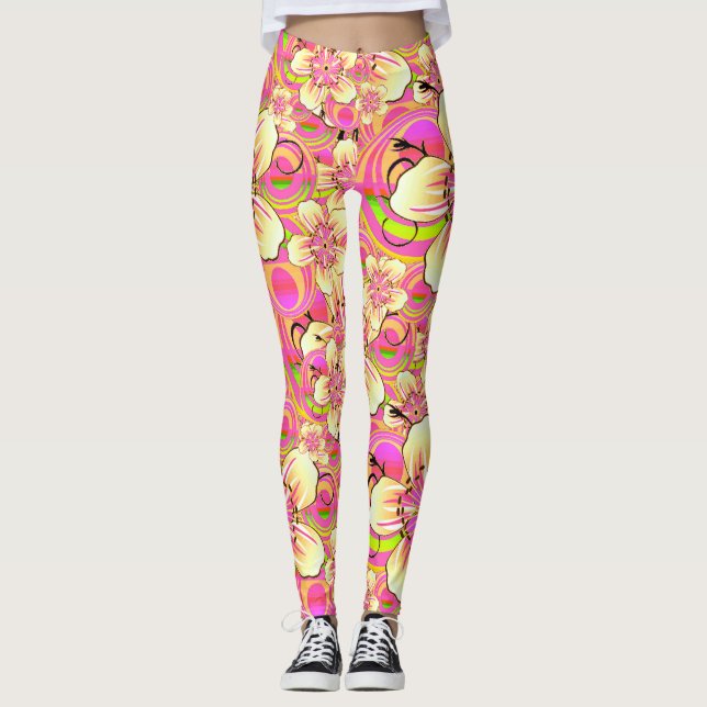 groovy pink flower pattern leggings (Front)