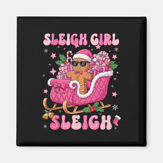 Groovy Pink Gingerbread Sleigh Coquette Bow Christ Magnet (Front)