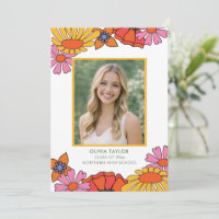Groovy Pink Orange Flowers Photo Graduation 2026