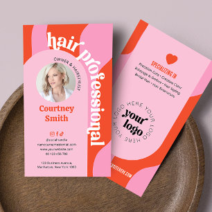 Groovy Pink & Red Modern Hair Stylist Salon Photo Business Card
