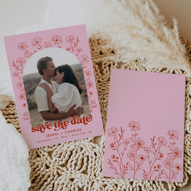 groovy pink retro floral photo save the date invitation (Creator Uploaded)