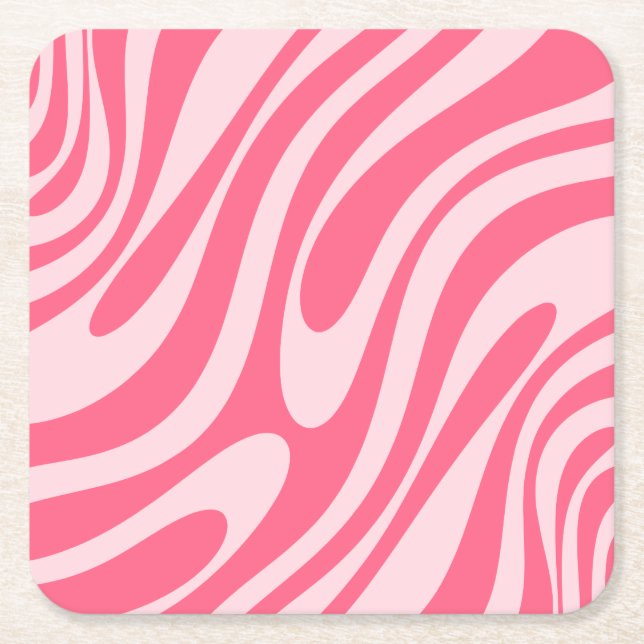 Groovy Pink Wavy Loops Retro Modern Abstract Square Paper Coaster (Front)