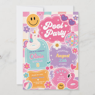 Groovy Pool Party Retro Smile Face Girl Birthday Invitation