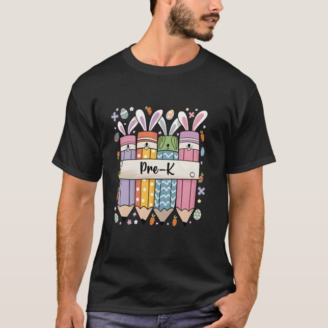 Groovy Pre-K Teacher Easter Bunny Teaching Easter  T-Shirt (Front)