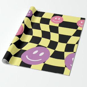 Groovy psychedelic Retro Smiley Checkerboard, Wrapping Paper