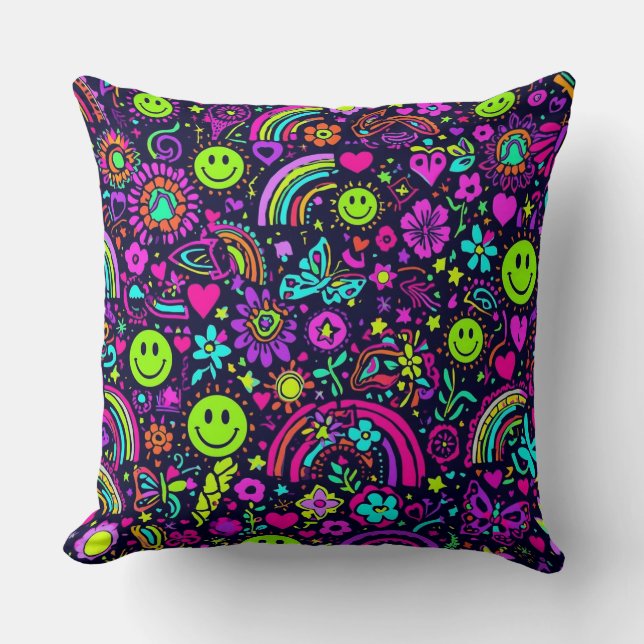 Groovy Psychedelic Smiley Face Throw Pillow (Front)