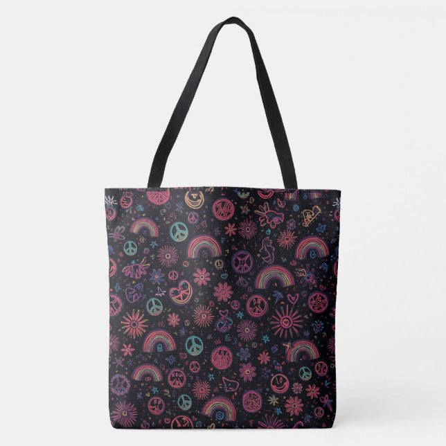 Groovy Psychedelic Tote Bag | 70s Rainbow & Smiley (Front)