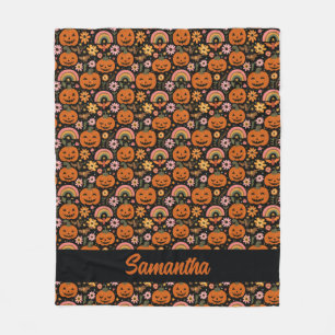 Groovy Pumpkin and Rainbow Halloween Floral Fleece Blanket