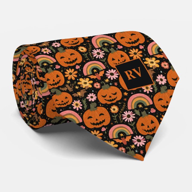 Groovy Pumpkin Magic Halloween Monogrammed Tie (Rolled)