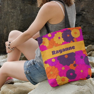 Groovy Purple and Pink Hippie Flower Power Tote Bag