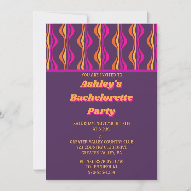 Groovy Purple Disco Bachelorette Party Invitation (Front)