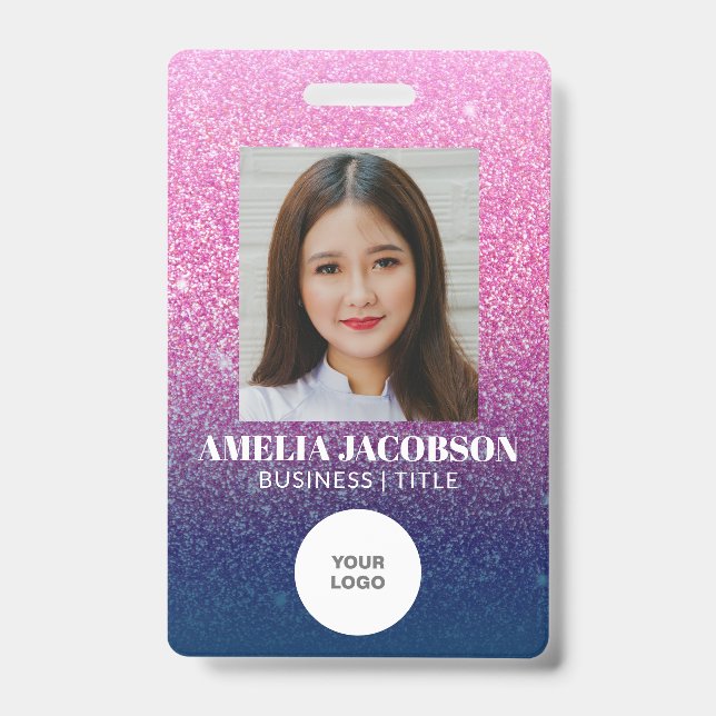 Groovy Purple Glitter Employee Photo ID Logo Badge (Front)