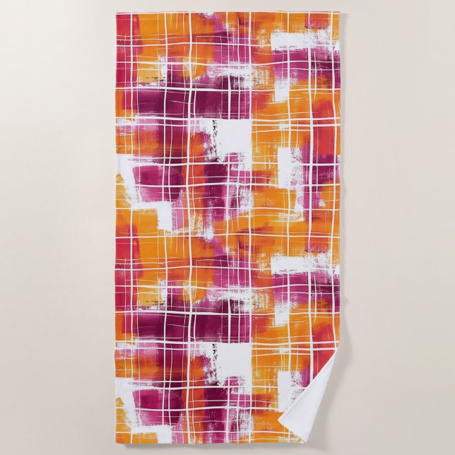 Groovy Purple Orange Plaid Stripes   Beach Towel (Front)