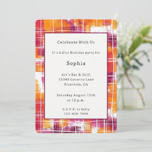 Groovy Purple Orange Plaid Stripes Birthday Invitation