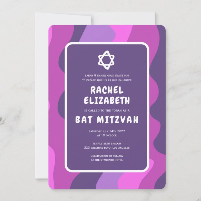 Groovy Purple Waves Star David Custom Bat Mitzvah Invitation (Front)