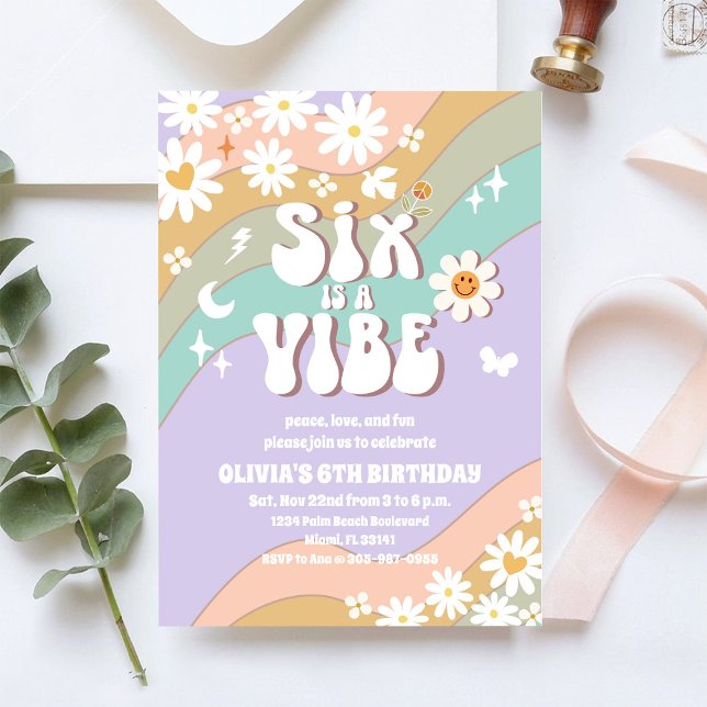 Groovy Rainbow 6th Birthday Invitation (Creator Uploaded)