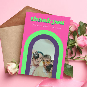 Groovy Rainbow Arch Hot Pink & Green Retro Wedding Thank You Card