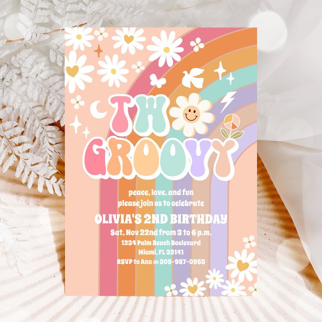 Groovy Rainbow Daisy 2nd Birthday Invitation (Creator Uploaded)