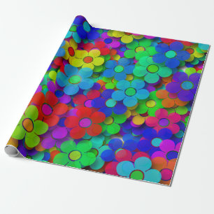 Groovy Rainbow Flowers Blue Wrapping Paper