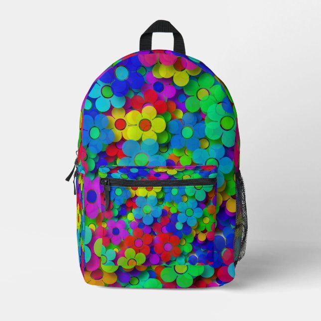 Groovy Rainbow Flowers Printed Backpack (Front)