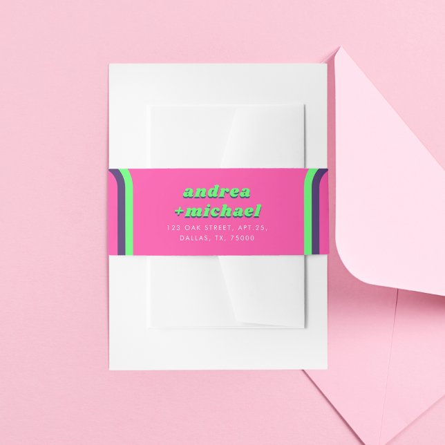 Groovy Rainbow Pink Teal Lime 70s Retro Wedding Invitation Belly Band (Creator Uploaded)