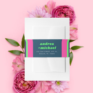 Groovy Rainbow Pink Teal Lime Green Retro Wedding Invitation Belly Band