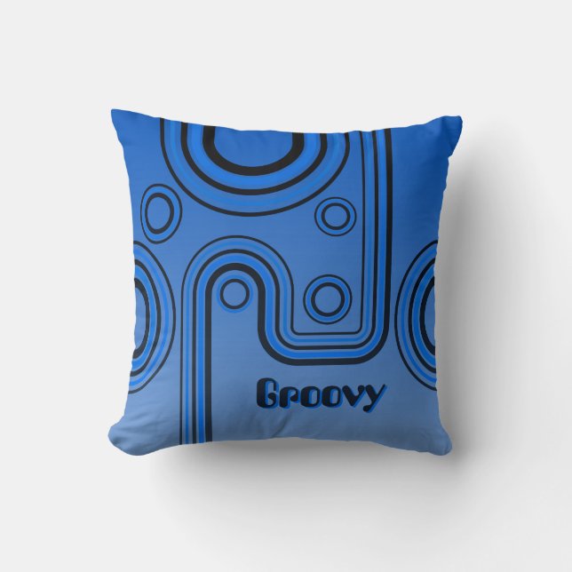 Groovy Retro 1960s Linear Design Blue and Black Cushion (Front)