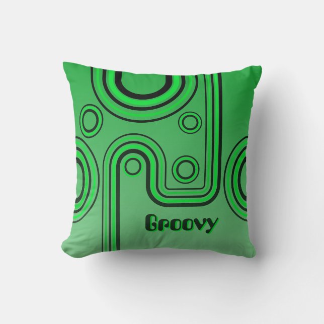 Groovy Retro 1960s Linear Design Green and Black Cushion (Front)