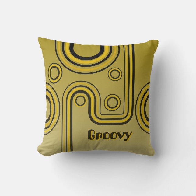 Groovy Retro 1960s Linear Design Yellow and Black Cushion (Front)