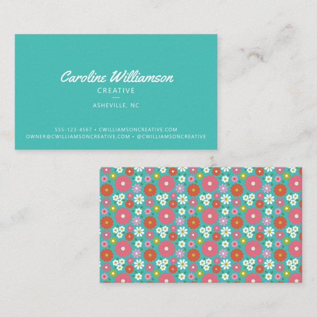 Groovy Retro 50s Kitsch Turquoise Blue Flowers Business Card (Front/Back)