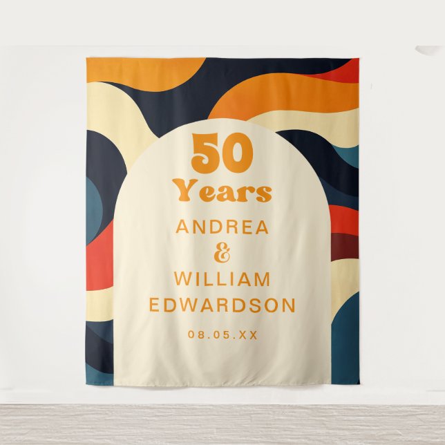 Groovy Retro 50th Wedding Anniversary Backdrop Tapestry (Front)