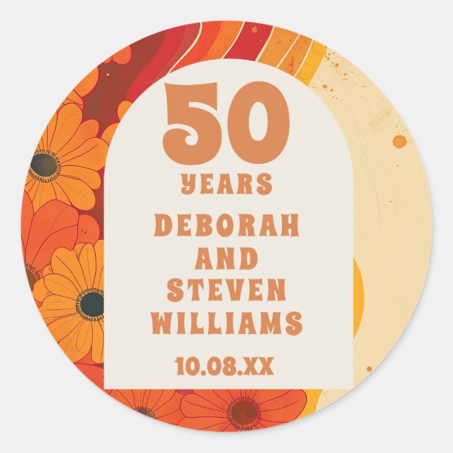 Groovy Retro 50th Wedding Anniversary Favour Classic Round Sticker (Front)