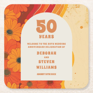 Groovy Retro 50th Wedding Anniversary Square Paper Coaster