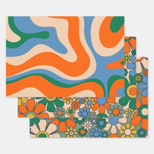 Groovy Retro 60s 70s Floral and Abstract Patterns Wrapping Paper Sheet (Set)