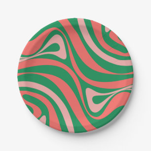 Groovy Retro 60s 70s Swirls in Pink and Green Paper Plate