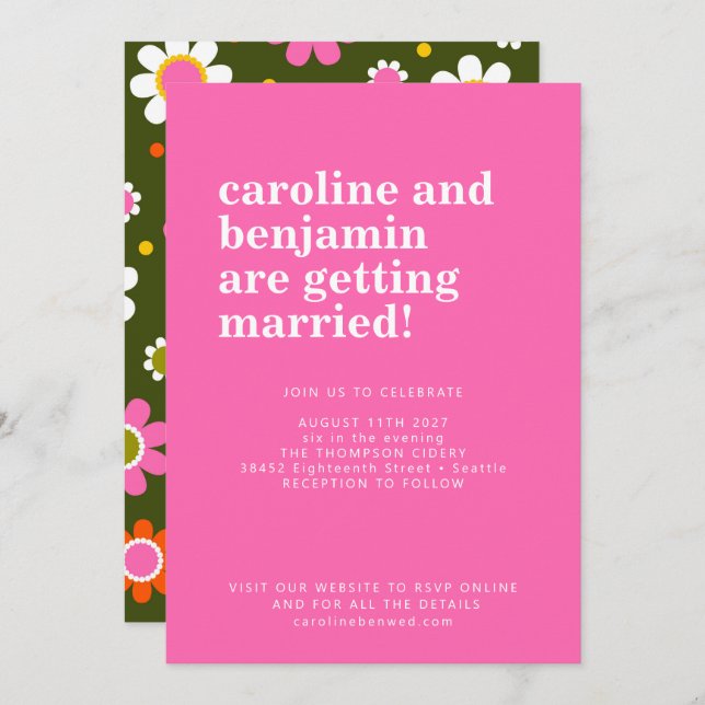 Groovy Retro 60s Flowers Bright Pink Bold Wedding Invitation (Front/Back)