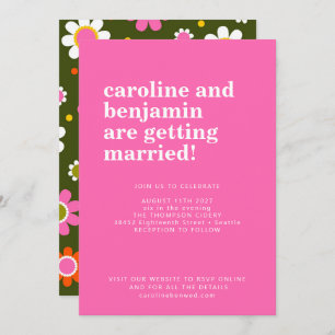 Groovy Retro 60s Flowers Bright Pink Bold Wedding Invitation