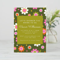 Groovy Retro 60s Flowers Olive Green Baby Shower