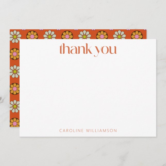 Groovy Retro 60s Flowers Orange Custom Name Shower Thank You Card (Front/Back)