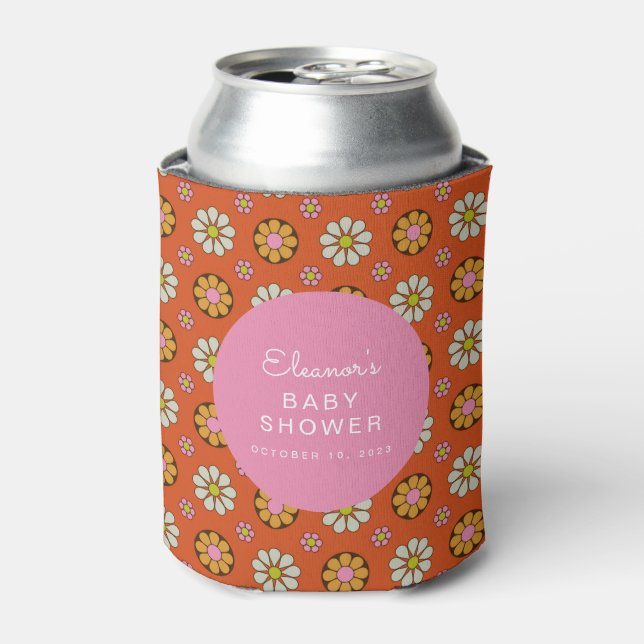 Groovy Retro 60s Flowers Orange Pink Baby Shower  Can Cooler (Can Front)